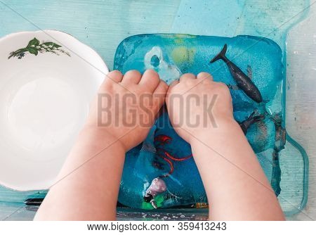 A Small Child Is Trying To Get Animal Figures Out Of Ice. The Development Of Children's Motor Skills