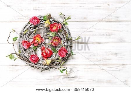 Easter Wreath With Red Tulip Flowers. Vintage Style Home Decoraion