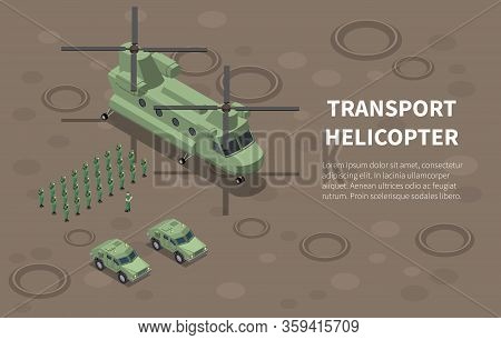 Military Air Force Helicopter Transport Troops Utility Cargo  Isometric Composition With Infantry Re