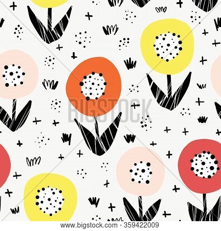 Seamless Flower Vector Pattern. Bold Florals Scandinavian Flat Style Repeating Background. Botanical
