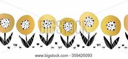 Seamless Gold Foil Flowers Vector Border. Cute Metallic Golden Florals Repeating Pattern. Botanical 