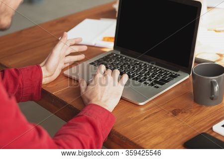 Caucasian Entrepreneur, Businessman, Manager Working In Office, Close Up. Typing Text, Writing Repor