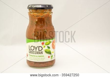 Torrevieja, Valenciana, Spain - Apr 04 2020 : Jar Of Loyd Grossman Tomato And Basil Sauce With Copy 