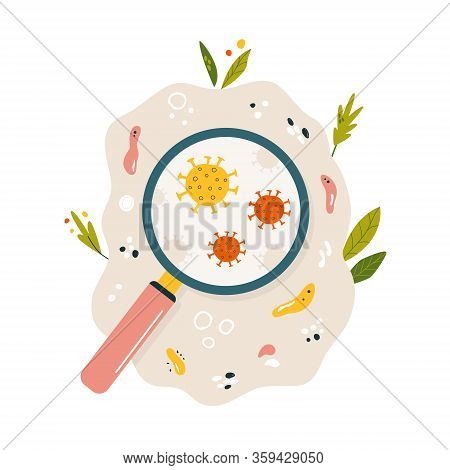 Magnifying Glass Above Coronavirus Virus. Health Care Concept