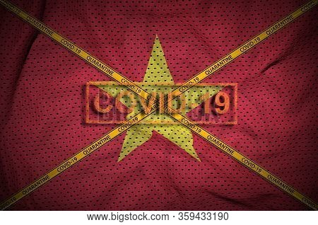 Vietnam Flag And Covid-19 Stamp With Orange Quarantine Border Tape Cross. Coronavirus Or 2019-ncov V