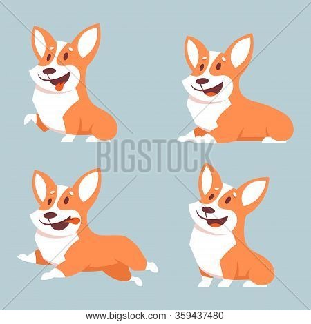 Set Of Corgi Dogs In Different Poses. Flat Style Illustration With Isolated Objects.