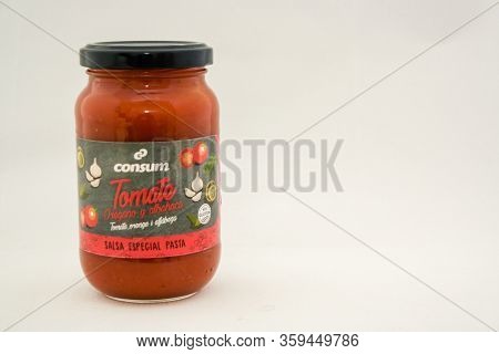 Torrevieja, Valenciana, Spain - Apr 04 2020 : Jar Of Consum Tomato And Oregano Sauce With Copy Space