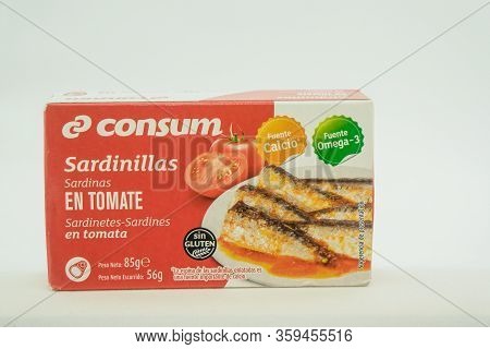 Torrevieja, Valenciana, Spain - Apr 04 2020 : Tin Of Sardines In Tomato Sauce With Copy Space.