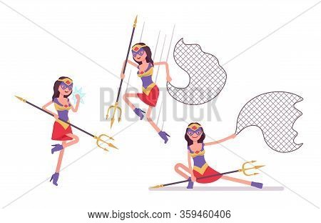 Female Super Hero In Attractive Costume Attacking With Net, Trident. Effective Wonder Warrior, Super