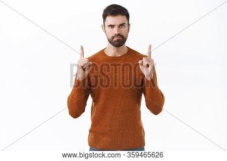 Serious-looking Displeased Bearded Father Scolding Child For Making Mess, Pointing Fingers Up And St
