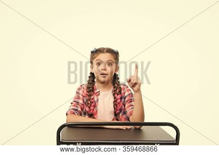 Elementary School Education. Enjoy Process Of Studying. Perfect Student Girl Sit Desk. She Knows All
