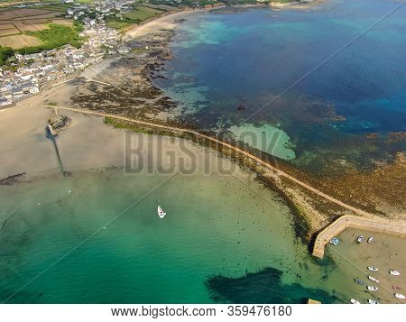 Aerial Viewi Of St Michaels Mount Bay, Cornwall, England, United Kingdom. Bay With Beach And Sea