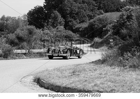 Pesaro Colle San Bartolo , Italy - May 17 - 2018 : Jaguar Xk140 Ots 1954 On An Old Racing Car In Ral