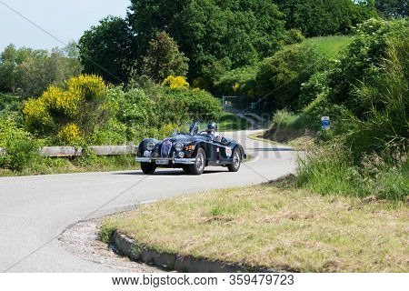 Pesaro Colle San Bartolo , Italy - May 17 - 2018 : Jaguar Xk140 Ots 1954 On An Old Racing Car In Ral