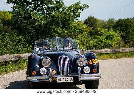 Pesaro Colle San Bartolo , Italy - May 17 - 2018 : Jaguar Xk140 Ots 1954 On An Old Racing Car In Ral