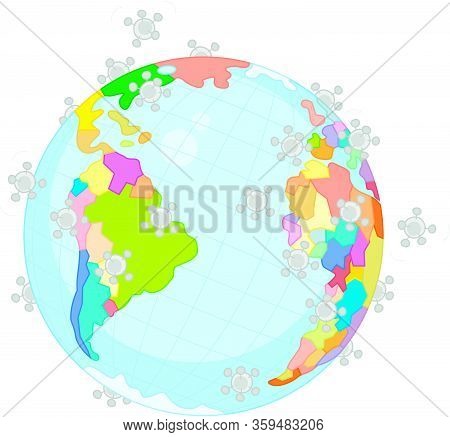 Global Virus Pandemic Disease All Over The Planet, Vector Cartoon Illustration On A White Background