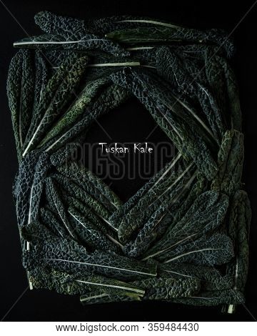 Green Tuskan Kale Leaves On A Dark Background. Healthy Detox Vegetables . Clean Eating And Dieting C