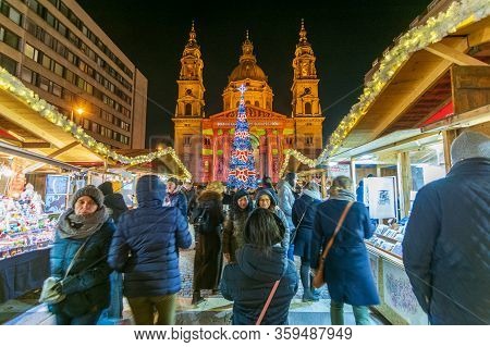 People Enjoying The Colorful Budapest Christmas Maekets, Hungary