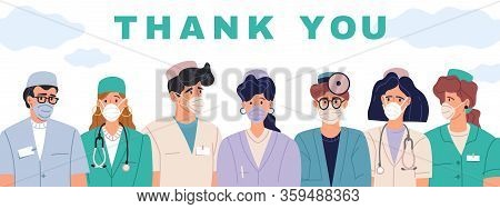 Quarantine Virus Cartoon Doctors Horizontal Illustration. Horizontal Illustration Of A Panorama With