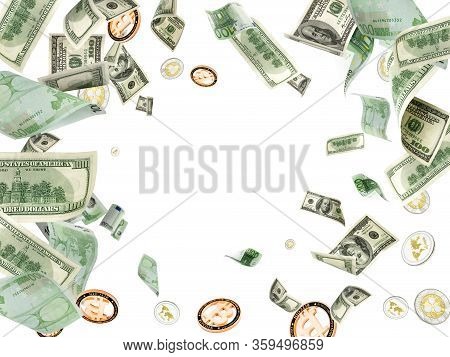 Hundred Dollar Bill. Falling Euro Money, Bitcoin Isolated Background. American Cryptocash
