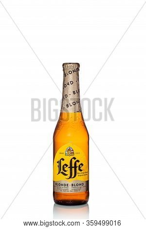 St. Petersburg, Russia, March 30, 2020. Leffe Blond 0.33 Beer Drink, Glass Bottle, Isolated On White