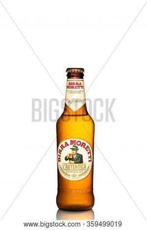 St. Petersburg, Russia, March 30, 2020. Birra Moretti Beer, Glass Bottle, Isolated On White Backgrou