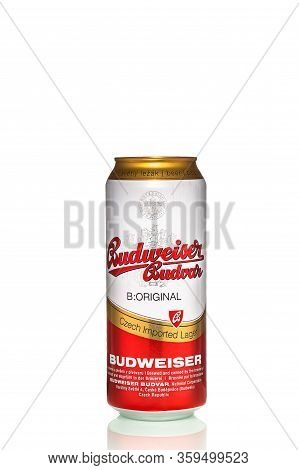 St. Petersburg, Russia, March 30, 2020. Budweiser Budvar B Beer: Original, Metal Can, Isolated On Wh