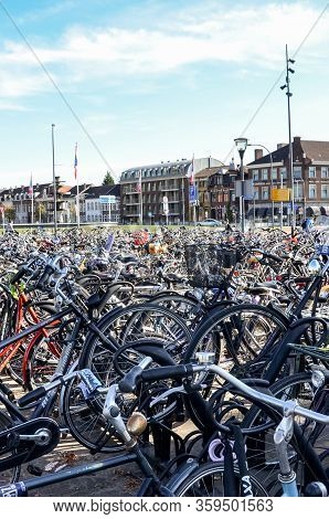 Venlo, Limburg, Netherlands - October 13, 2018: Rows Of Parked Bicycles In The Dutch City Close To T