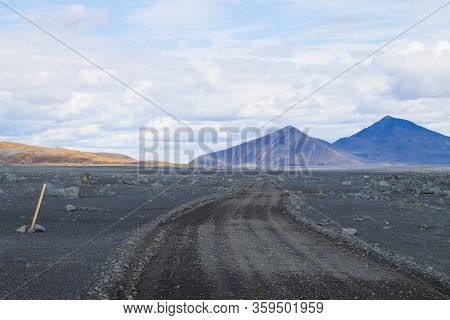 Dirt Road Along Central Highlands Of Iceland. Iceland Landscape. Route F907