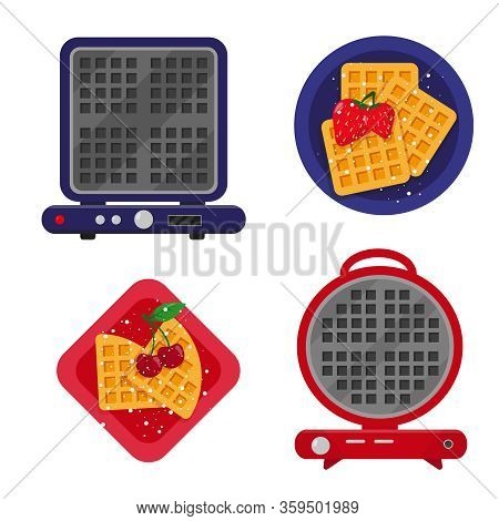 Waffle Maker Or Waffle Iron And Fried Waffles With Berries Ready To Eat. Vector Icons Illustration.