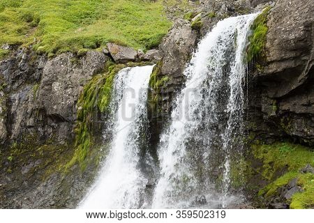 Klifbrekkufossar Falls In Summer Season View, Iceland. Icelandic Landscape.