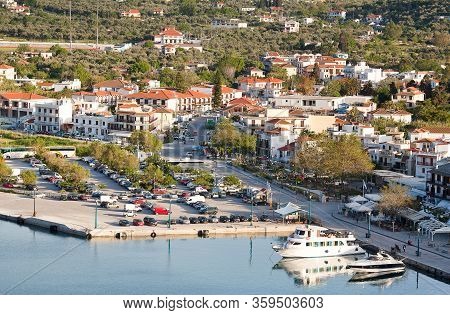 Chora, Skopelos Island, Greece - May 10, 2019: Beautiful Panoramic View Of Old Town And Harbor Of Sk