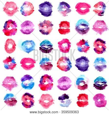 Watercolor Hand Painted Isolated Purple, Pink, Blue Kisses On White Background Seamless Pattern.