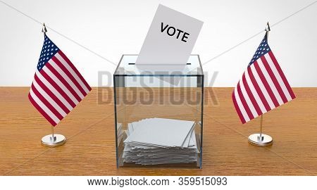 Voting Box And American Flags On A Wood Table, 3d Render. Presidential Election In Usa, Vote Concept