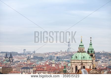 Panorama Of Prague, Czech Republic, Seen From Above, During An Autumn Cloudy Afternoon. Major Touris