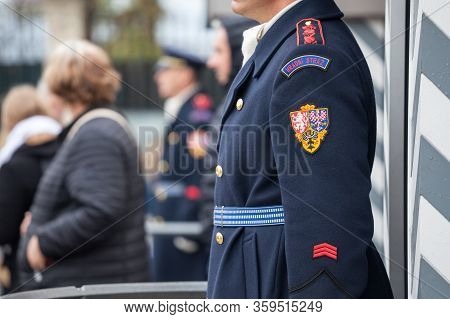 Close Up On Prague Castle Guard, With The Name Hradni Straz, Meaning Castle Guard In Czech, In Front