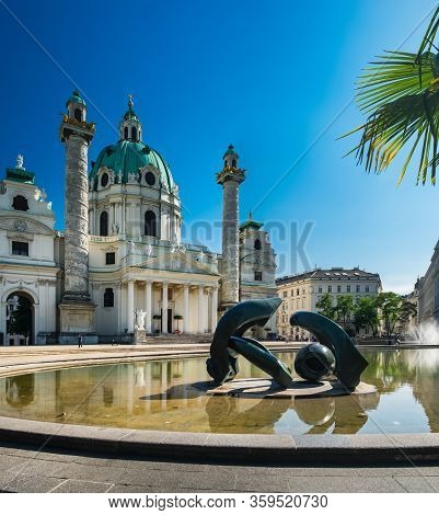 Vienna, Austria - August 20, 2019: Summer Panoramic View Of Karlsplatz Square, St Charles Church Or 