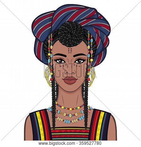 Animation Portrait Of The Young African Woman In A Turban And Ancient Clothes.  Color Drawing. Vecto