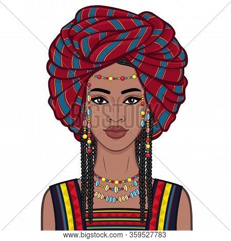 Animation Portrait Of The Young African Woman In A Turban And Ancient Clothes.  Color Drawing. Vecto