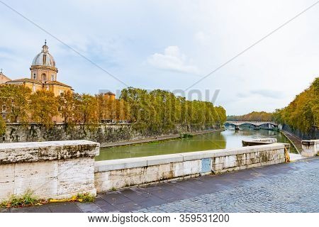 Rome, Italy. View Along Tiber River Down To Ponte Principe Amedeo Savoia Aosta/ Pasa Pedestrian Brid