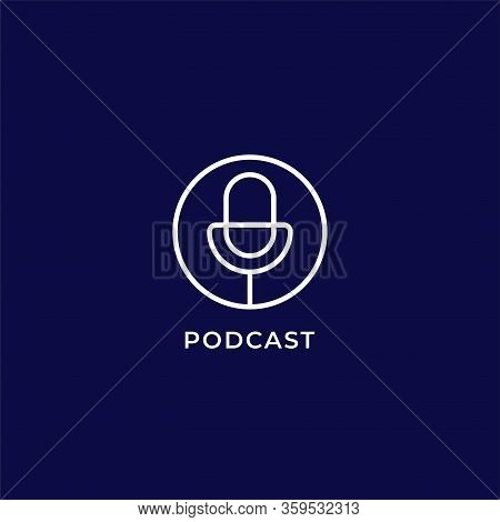 Podcast Logo Design Template Isolated On Dark Blue Background. Outline Logo Style. Pictorial Logotyp