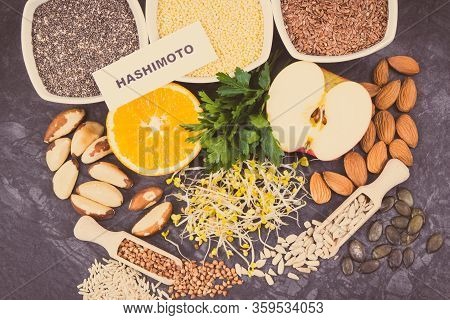 Inscription Hashimoto With Beneficial Nutritious Eating For Thyroid Gland. Healthy Ingredients As So