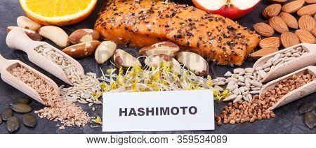Inscription Hashimoto With Nutritious Natural Products And Ingredients Containing Vitamins For Healt