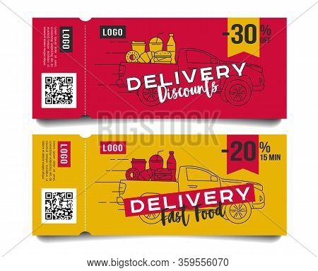 Discount Voucher For Fast Food Restaurant Or Delivery Service, Template Design With Truck Car Ful Of