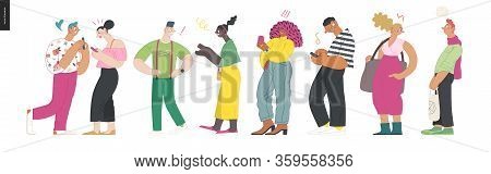 Waiting In Line - Modern Flat Vector Concept Illustration Of A Young Men A Women Standing In Line Wi
