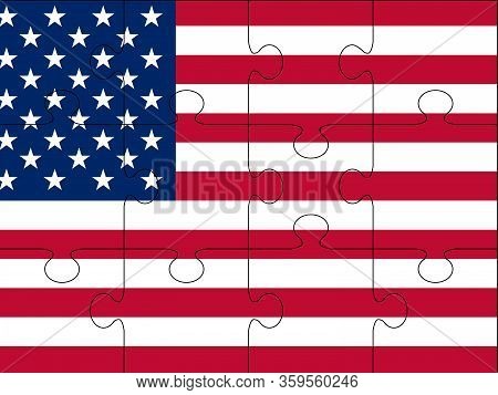 Vector Colorful Puzzle With Usa Flag - Made From Puzzle Pieces. Many-colored Puzzle Pattern (removab