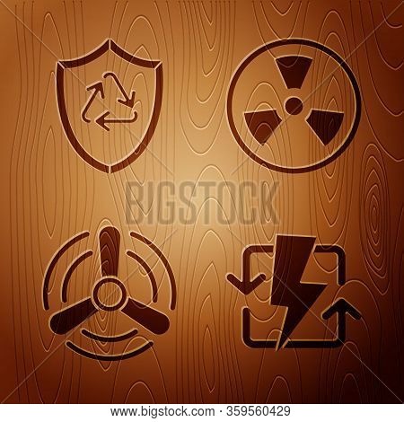 Set Recharging, Recycle Symbol Inside Shield, Wind Turbine And Radioactive On Wooden Background. Vec