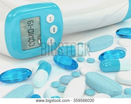 3d Render Of Digital Infrared Thermometer With Pills Over White Background. Covid-19 Treatment Conce