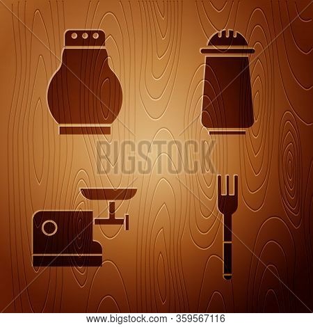 Set Fork, Salt And Pepper, Kitchen Meat Grinder And Salt And Pepper On Wooden Background. Vector