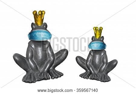 Frogs Fairy In Face Pollution Mask Gold Crown On White Background Isolated. Medical Masck Hygiene Eq